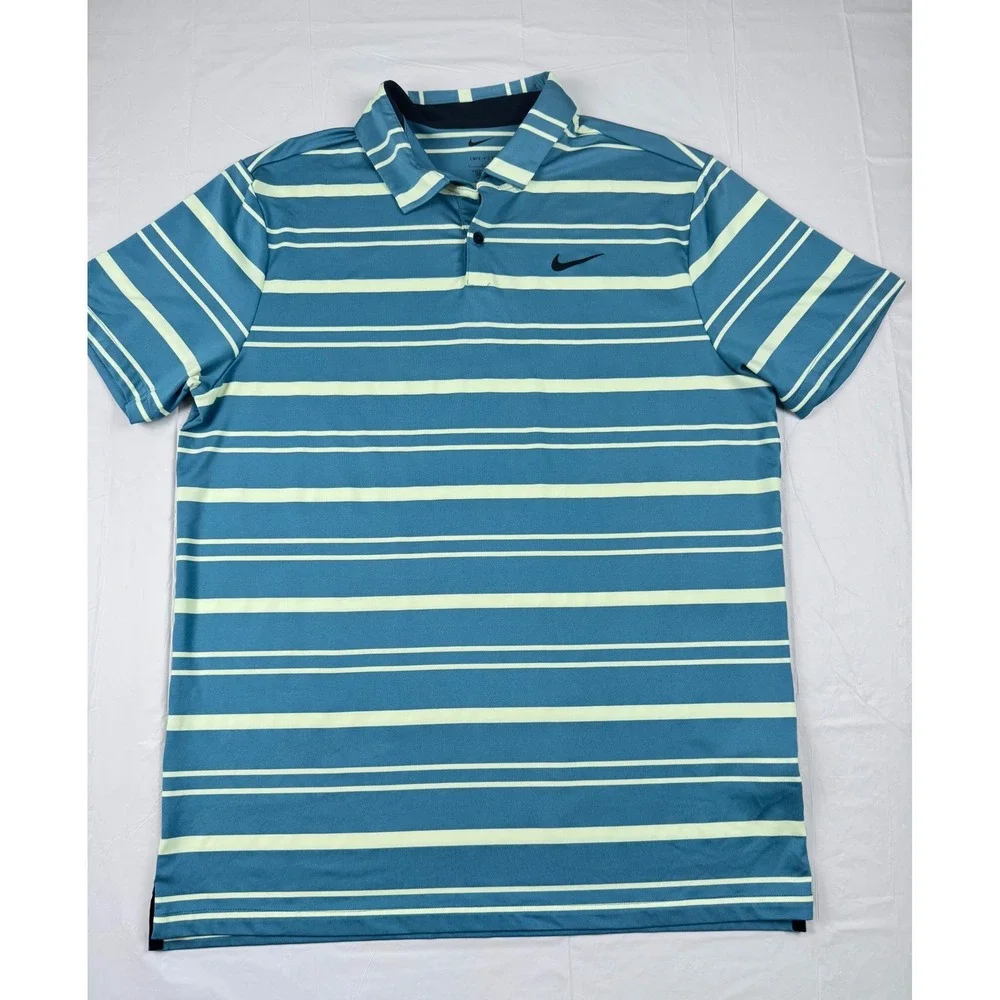 Nike Dri-FIT Mens Golf Polo Shirt Blue Green Striped Large Active Outdoor